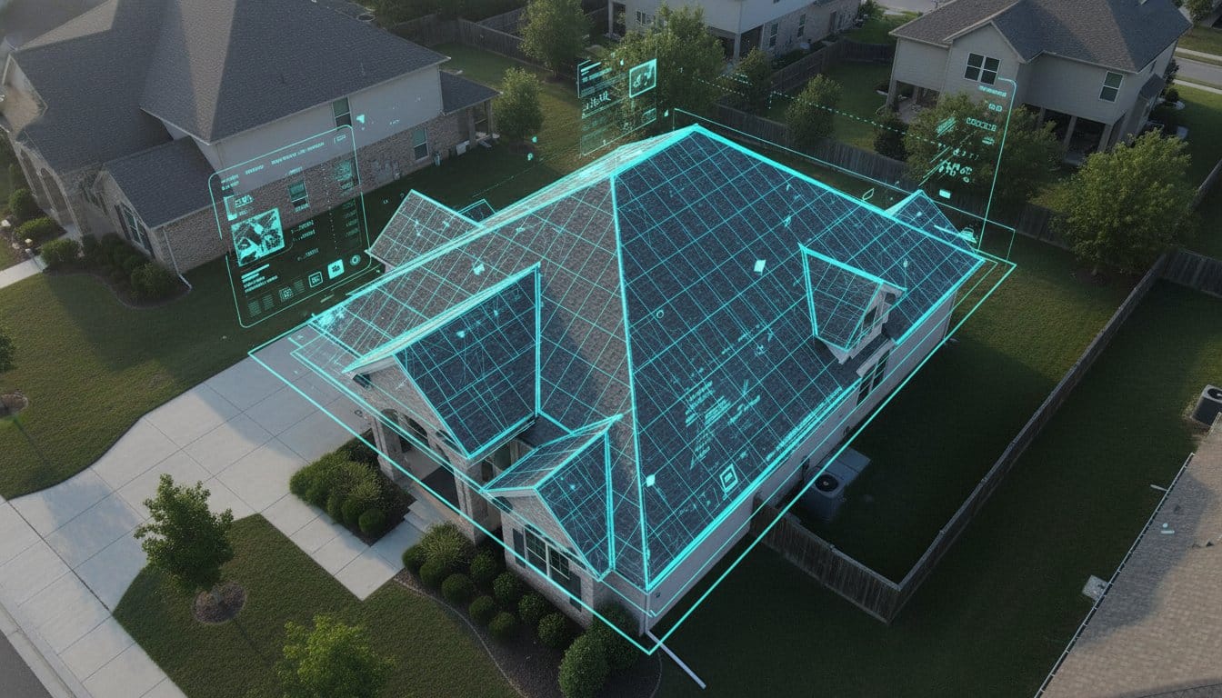 Satellite roof measurement showing 3D roof model with panel dimensions and pitch data