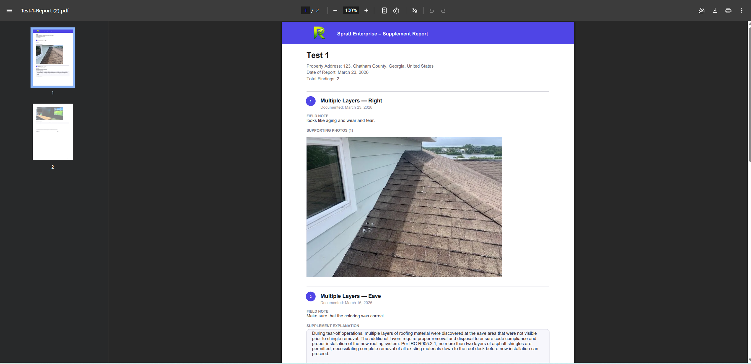 Professional supplement report generated by Supplement Snap with photos and damage narratives