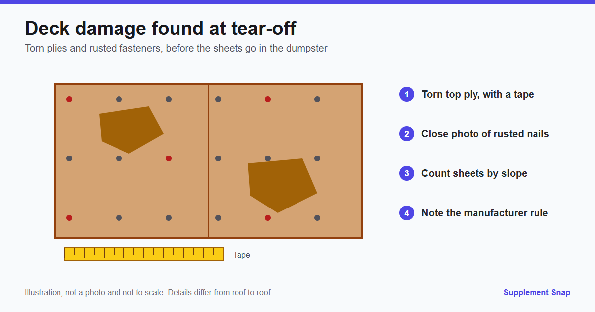 Illustration of a roof deck sheet seen from above with two torn areas, rusted and normal nail heads, a tape measure, and four numbered photo steps