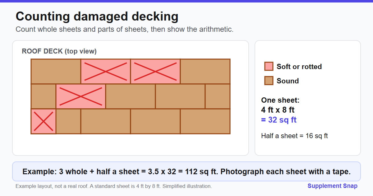 Illustration of a roof deck from above made of 4 by 8 foot sheets with three whole sheets and half a sheet marked soft or rotted, and the arithmetic for square feet