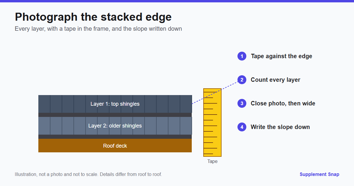 Illustration of a cut roof edge showing two layers of shingles over a roof deck with a tape measure beside it and four numbered photo steps