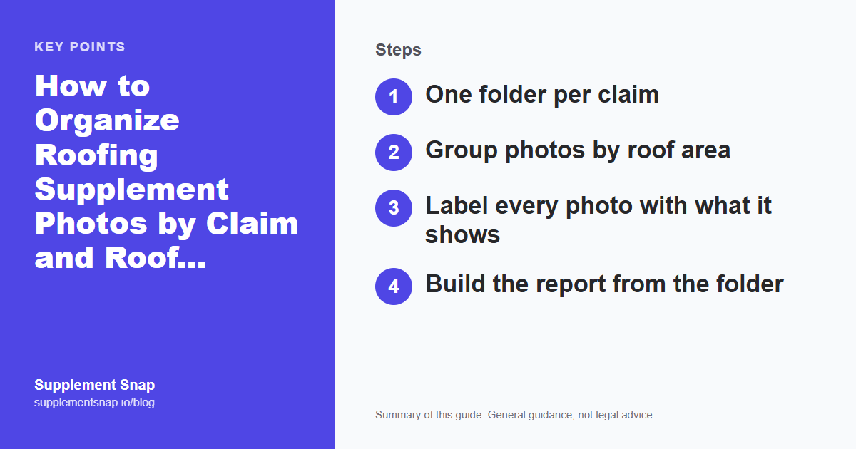 Key points from the guide: How to Organize Roofing Supplement Photos by Claim and Roof Area