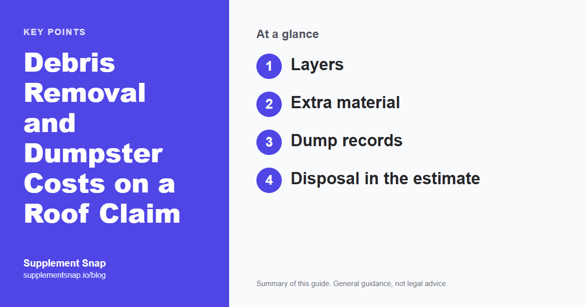Key points from the guide: Debris Removal and Dumpster Costs on a Roof Claim