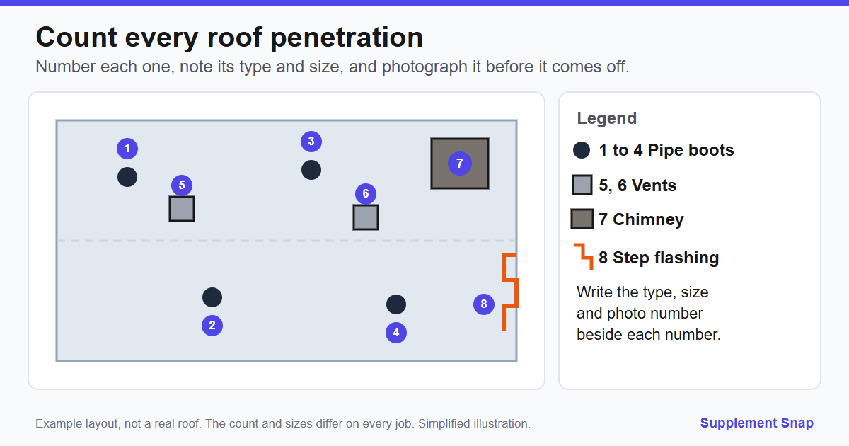 Illustration of a roof plan with numbered pipe boots, vents, a chimney and step flashing along a wall, with a legend for counting each penetration