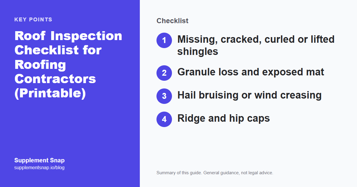 Key points from the guide: Roof Inspection Checklist for Roofing Contractors (Printable)