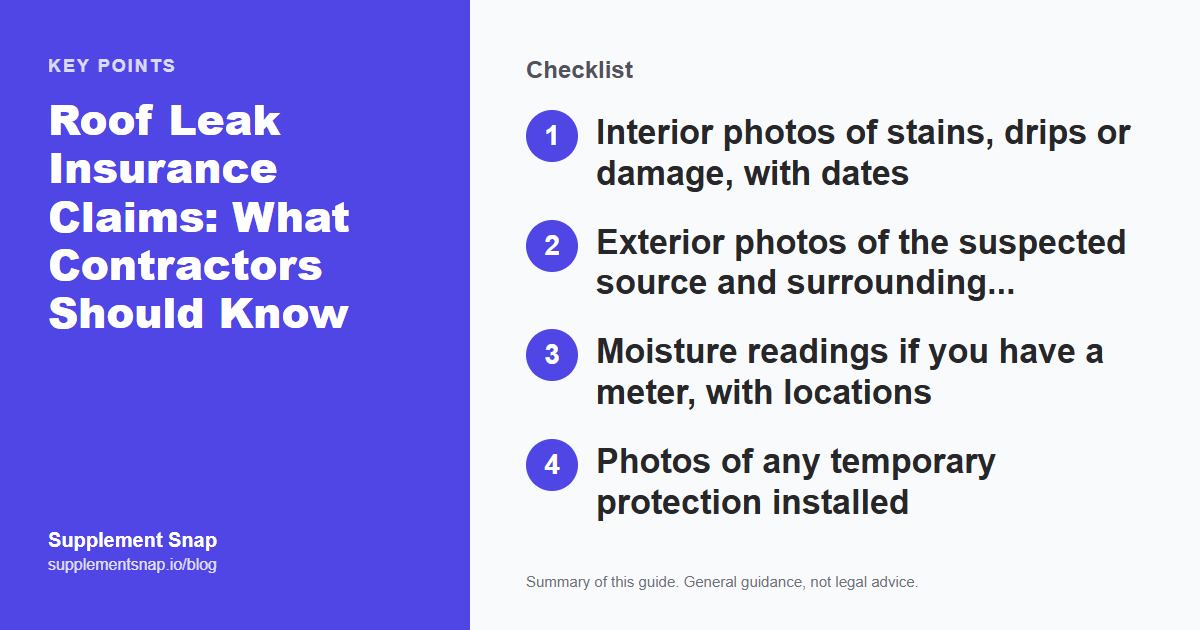 Key points from the guide: Roof Leak Insurance Claims: What Contractors Should Know