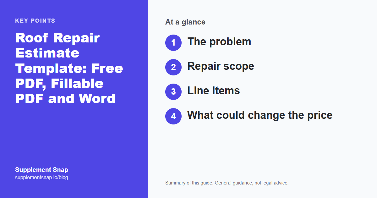 Key points from the guide: Roof Repair Estimate Template: Free PDF, Fillable PDF and Word