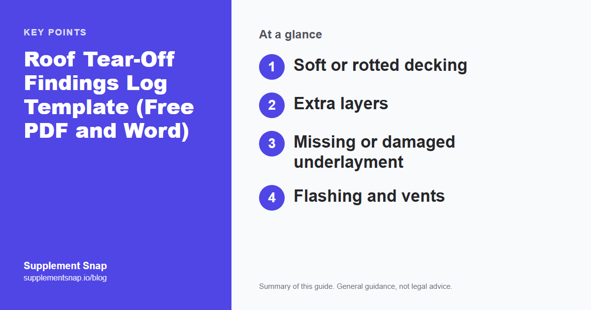 Key points from the guide: Roof Tear-Off Findings Log Template (Free PDF and Word)