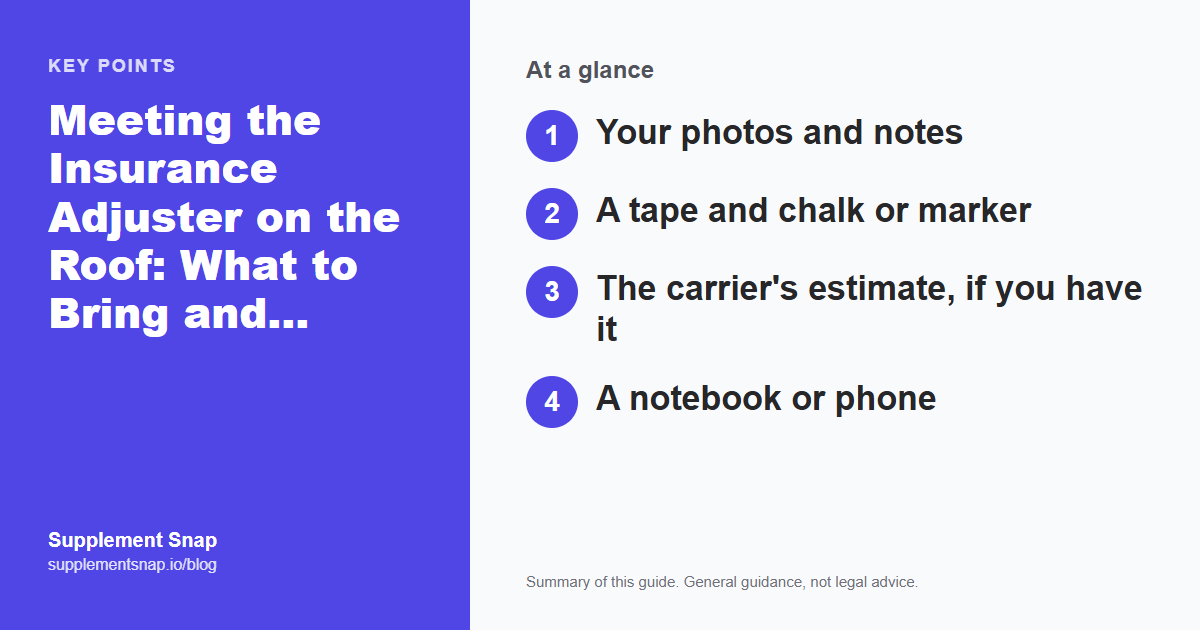 Key points from the guide: Meeting the Insurance Adjuster on the Roof: What to Bring and Do