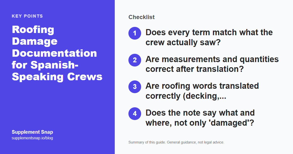Key points from the guide: Roofing Damage Documentation for Spanish-Speaking Crews