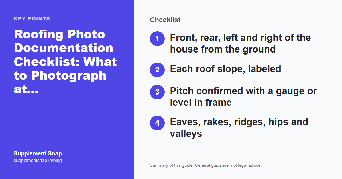 Key points from the guide: Roofing Photo Documentation Checklist: What to Photograph at Tear-Off
