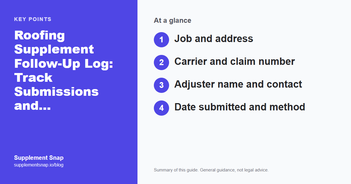 Key points from the guide: Roofing Supplement Follow-Up Log: Track Submissions and Adjuster Responses