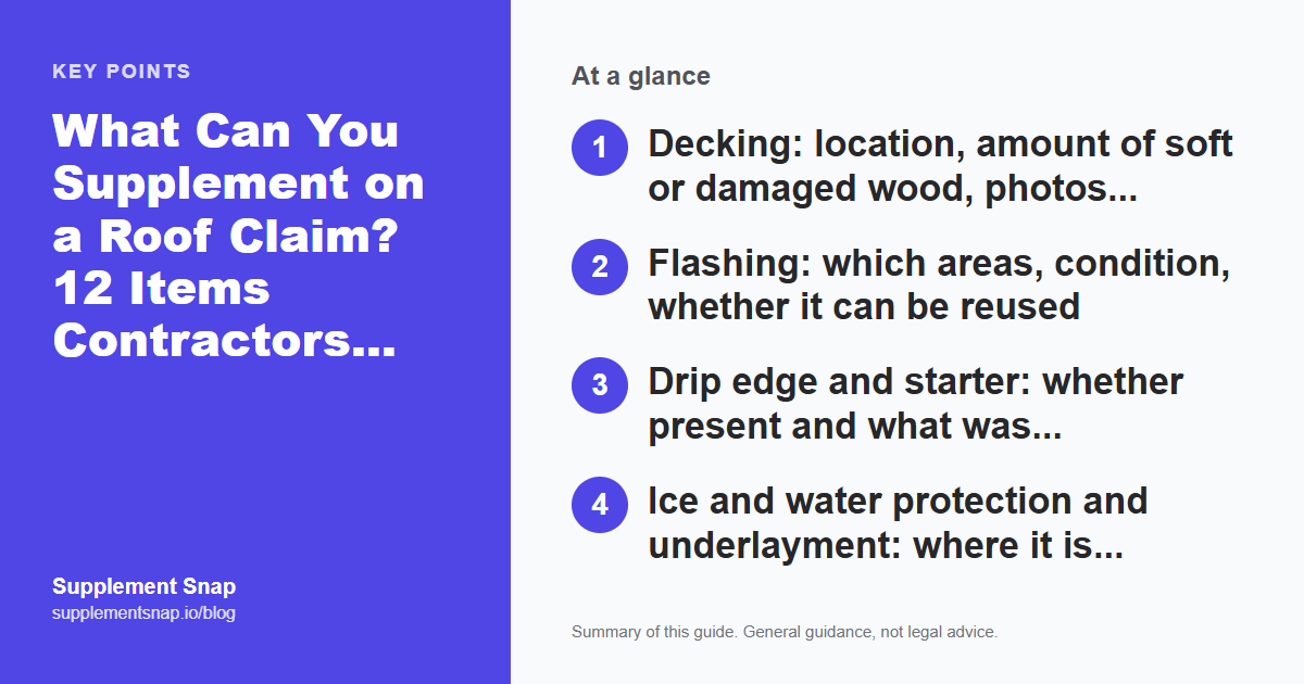 Key points from the guide: What Can You Supplement on a Roof Claim? 12 Items Contractors Commonly Request