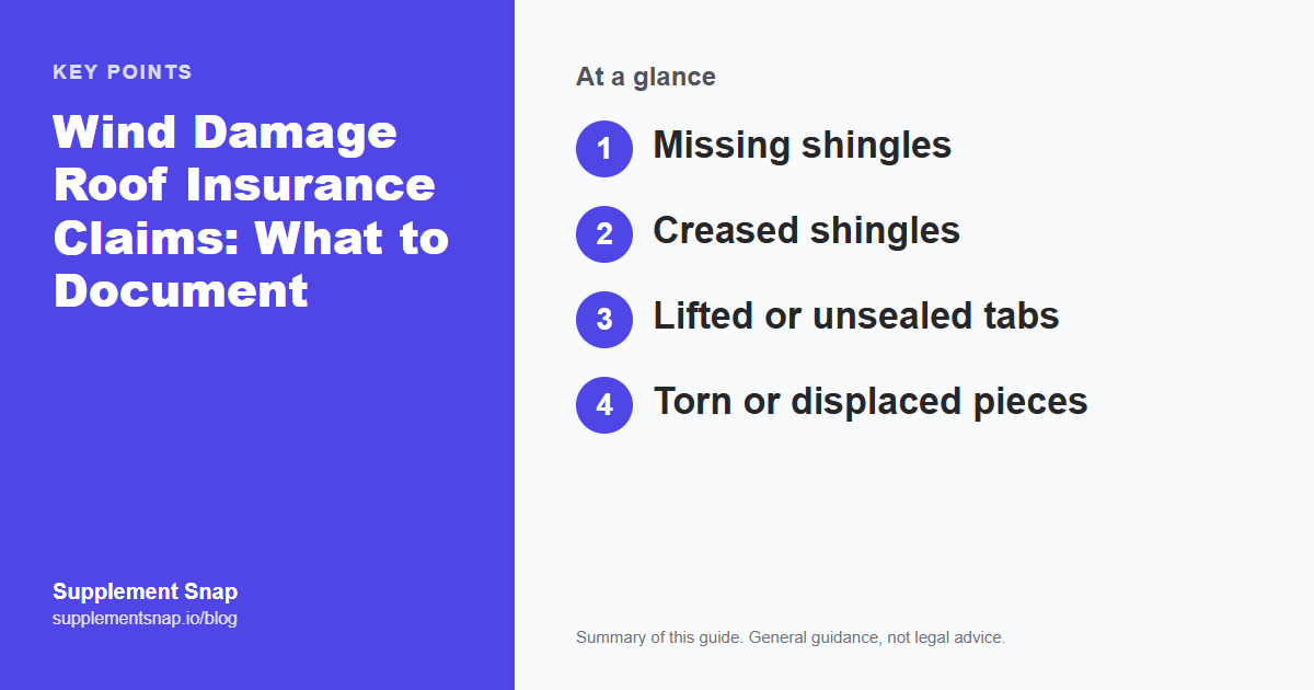 Key points from the guide: Wind Damage Roof Insurance Claims: What to Document