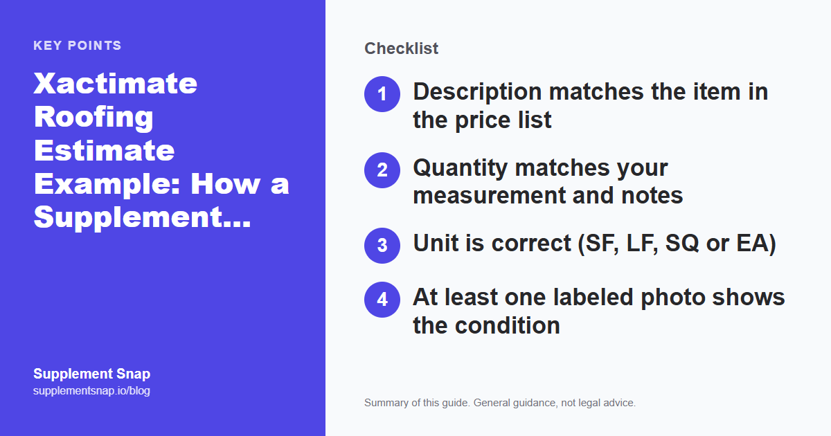Key points from the guide: Xactimate Roofing Estimate Example: How a Supplement Line-Item List Looks